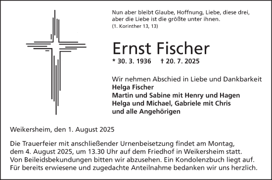 Traueranzeige von Ernst Fischer von Fränkische Nachrichten