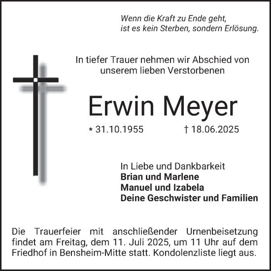 Traueranzeige von Erwin Meyer von Bergsträßer Anzeiger