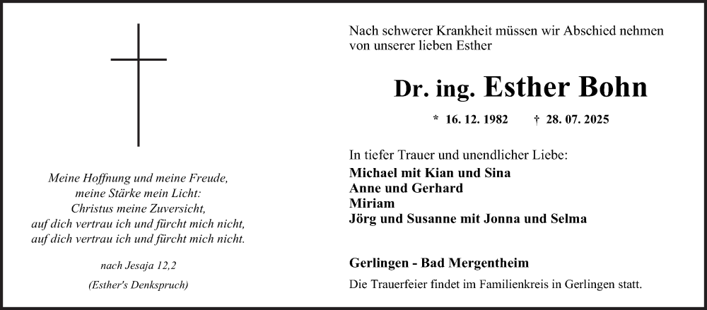  Traueranzeige für Esther Bohn vom 01.08.2025 aus Fränkische Nachrichten
