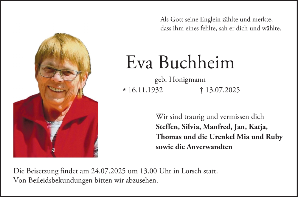  Traueranzeige für Eva Buchheim vom 19.07.2025 aus Bergsträßer Anzeiger