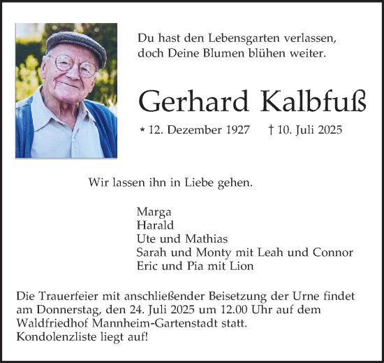 Traueranzeige von Gerhard Kalbfuß von Mannheimer Morgen