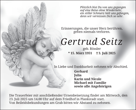 Traueranzeige von Gertrud Seitz von Schwetzinger Zeitung