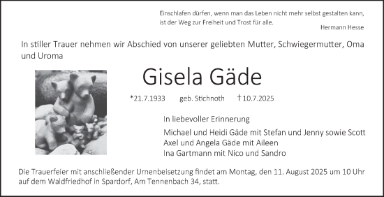 Traueranzeige von Gisela Gäde von Bergsträßer Anzeiger