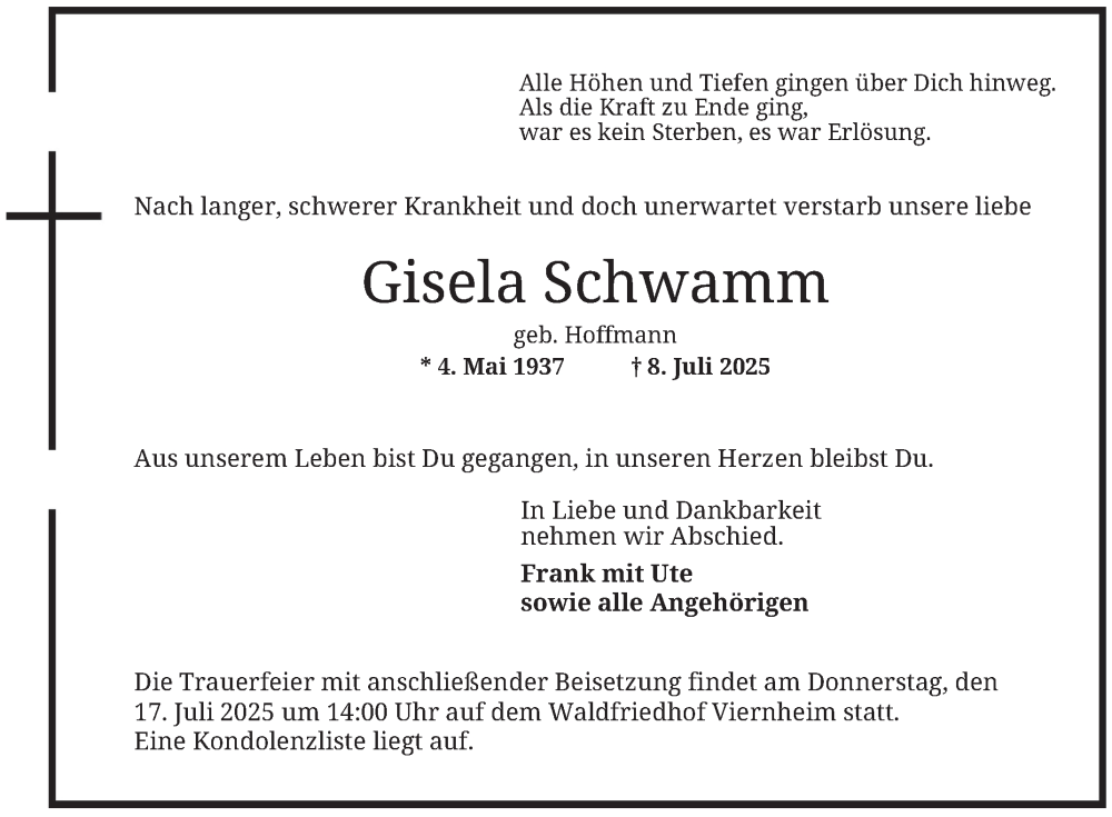  Traueranzeige für Gisela Schwamm vom 12.07.2025 aus Mannheimer Morgen