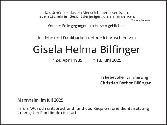 Traueranzeige von Gisela Helma Bilfinger von Mannheimer Morgen