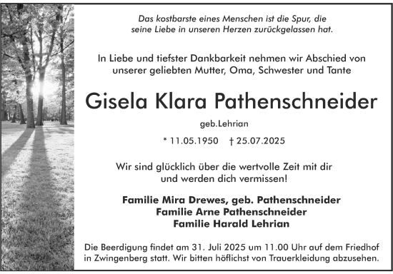 Traueranzeige von Gisela Klara Pathenschneider von Bergsträßer Anzeiger