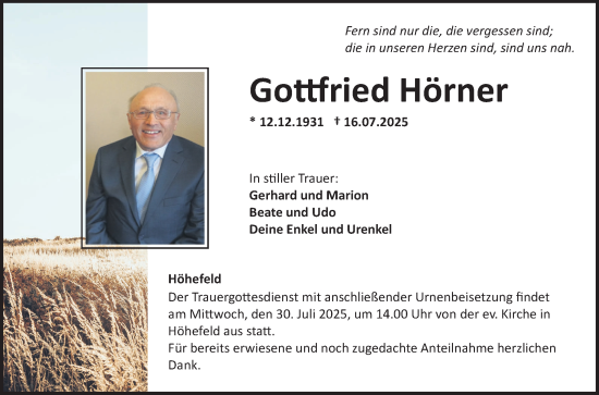 Traueranzeige von Gottfried Hörner von Fränkische Nachrichten
