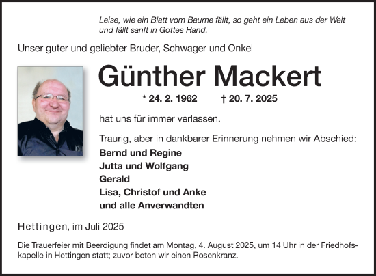 Traueranzeige von Günther Mackert von Fränkische Nachrichten