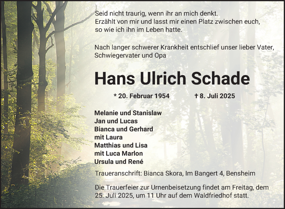  Traueranzeige für Hans Ulrich Schade vom 19.07.2025 aus Bergsträßer Anzeiger