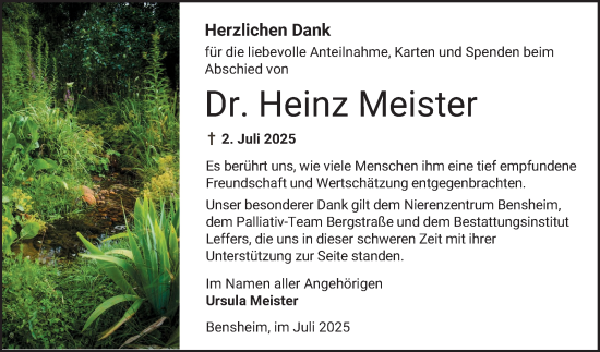 Traueranzeige von Heinz Meister von Bergsträßer Anzeiger