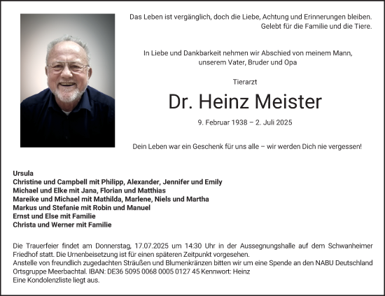 Traueranzeige von Heinz Meister von Bergsträßer Anzeiger