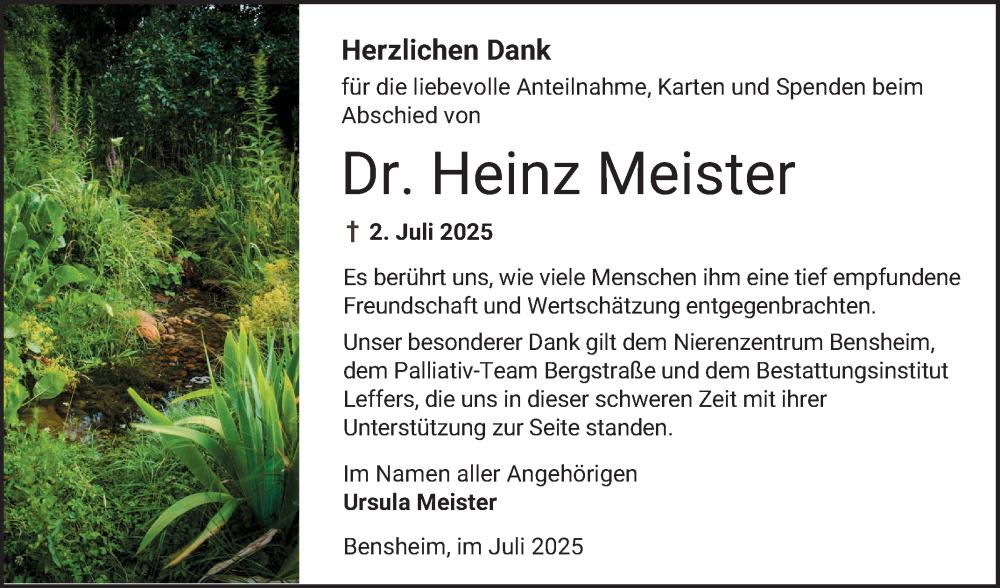 Traueranzeige für Heinz Meister vom 26.07.2025 aus Bergsträßer Anzeiger