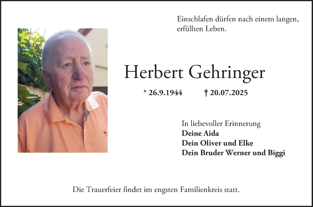  Traueranzeige für Herbert Gehringer vom 26.07.2025 aus Bergsträßer Anzeiger