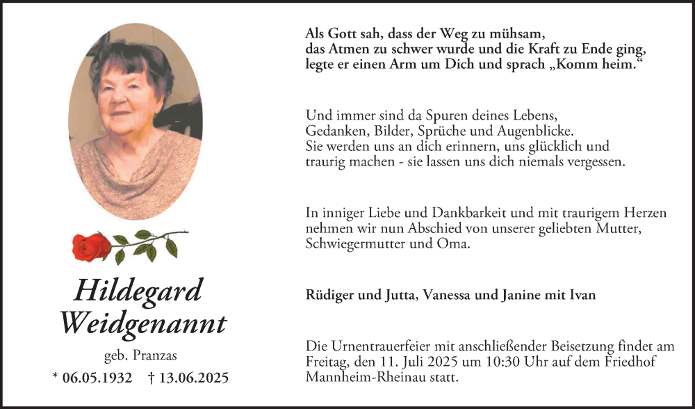  Traueranzeige für Hildegard Weidgenannt vom 05.07.2025 aus Mannheimer Morgen
