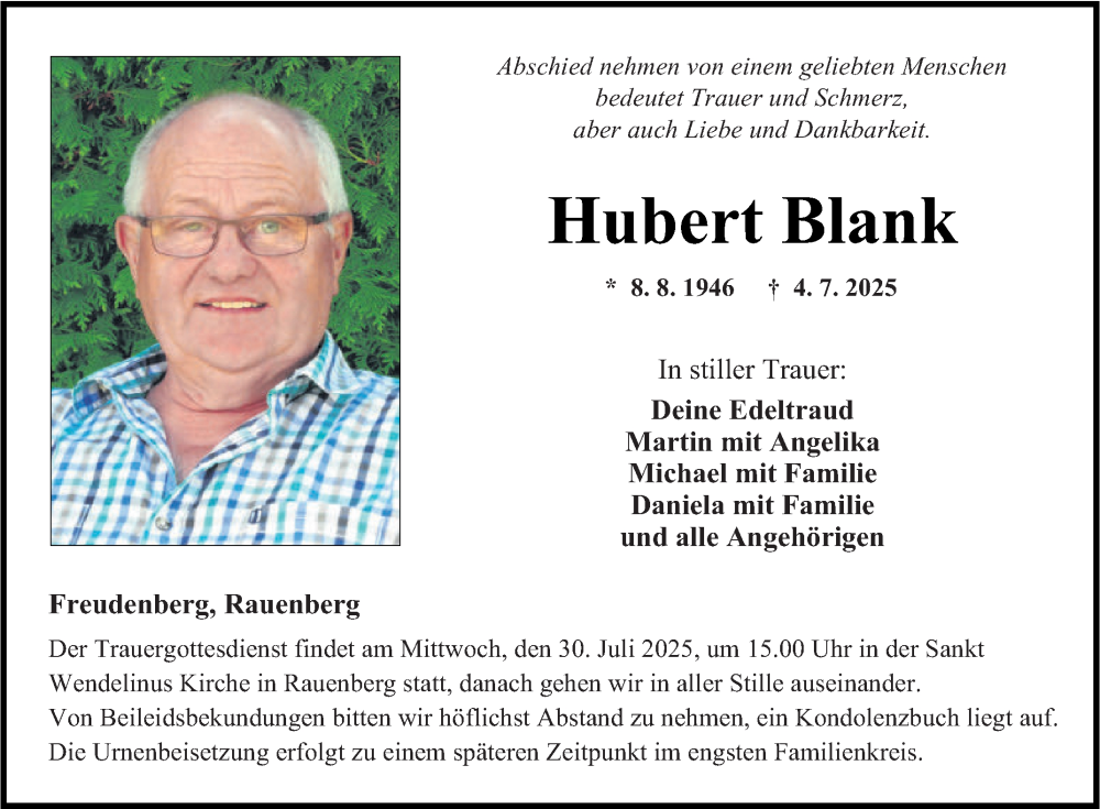  Traueranzeige für Hubert Blank vom 26.07.2025 aus Fränkische Nachrichten