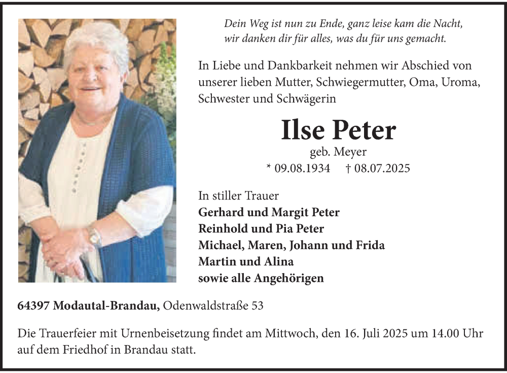  Traueranzeige für Ilse Peter vom 12.07.2025 aus Bergsträßer Anzeiger