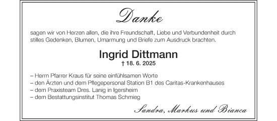 Traueranzeige von Ingrid Dittmann von Fränkische Nachrichten