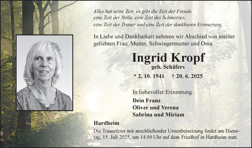  Traueranzeige für Ingrid Kropf vom 09.07.2025 aus Fränkische Nachrichten