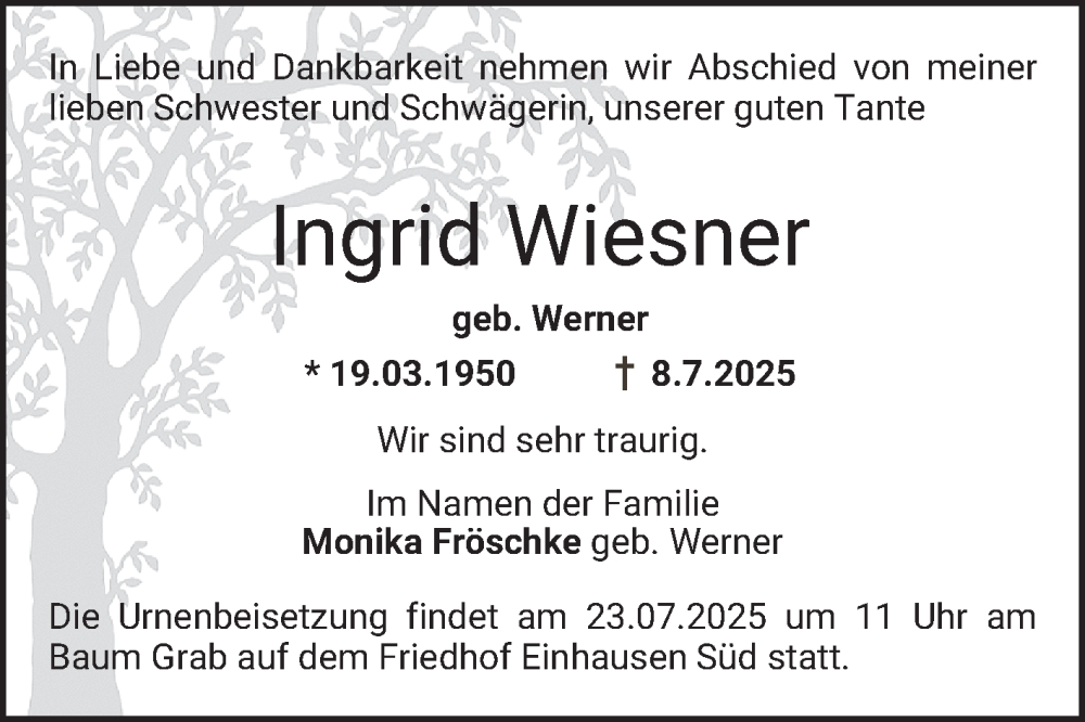  Traueranzeige für Ingrid Wiesner vom 19.07.2025 aus Bergsträßer Anzeiger