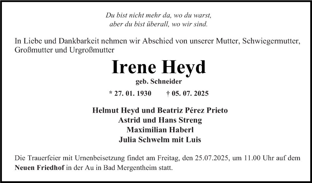  Traueranzeige für Irene Heyd vom 12.07.2025 aus Fränkische Nachrichten