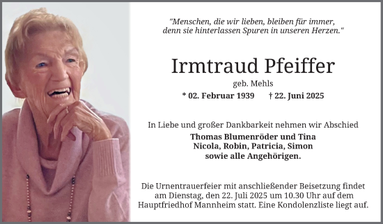 Traueranzeige von Irmtraud Pfeiffer von Mannheimer Morgen