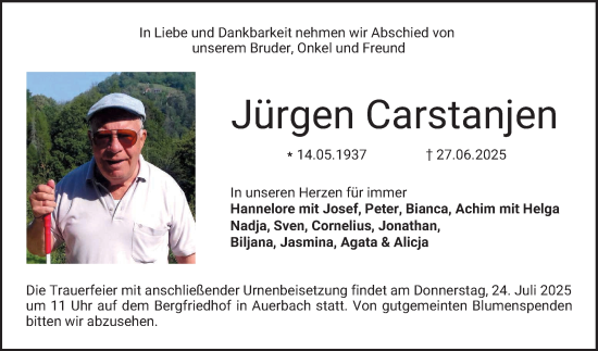 Traueranzeige von Jürgen Carstanjen von Bergsträßer Anzeiger