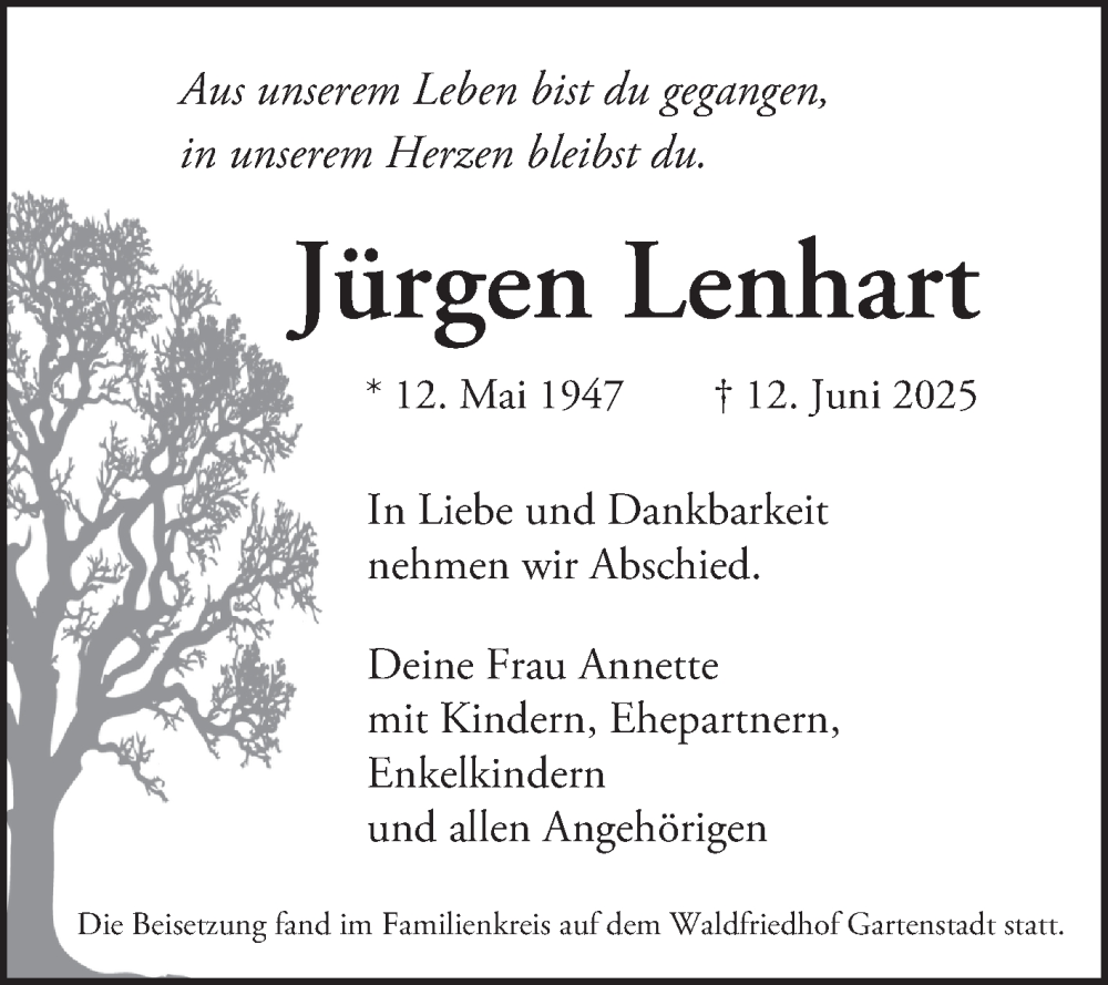  Traueranzeige für Jürgen Lenhart vom 17.07.2025 aus Mannheimer Morgen