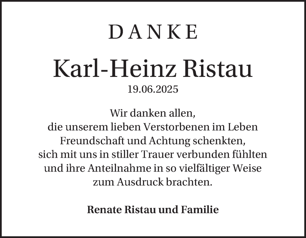  Traueranzeige für Karl-Heinz Ristau vom 19.07.2025 aus Mannheimer Morgen