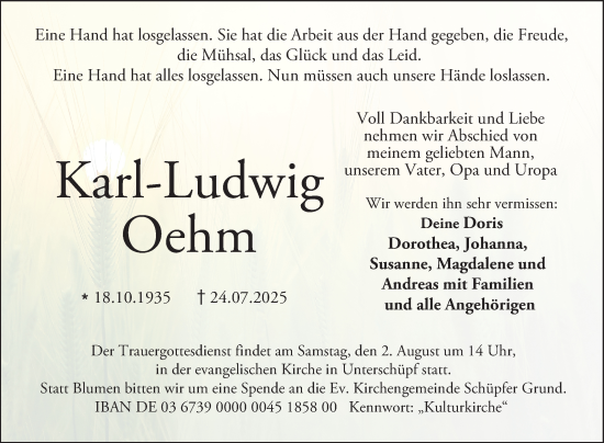 Traueranzeige von Karl-Ludwig Oehm von Fränkische Nachrichten