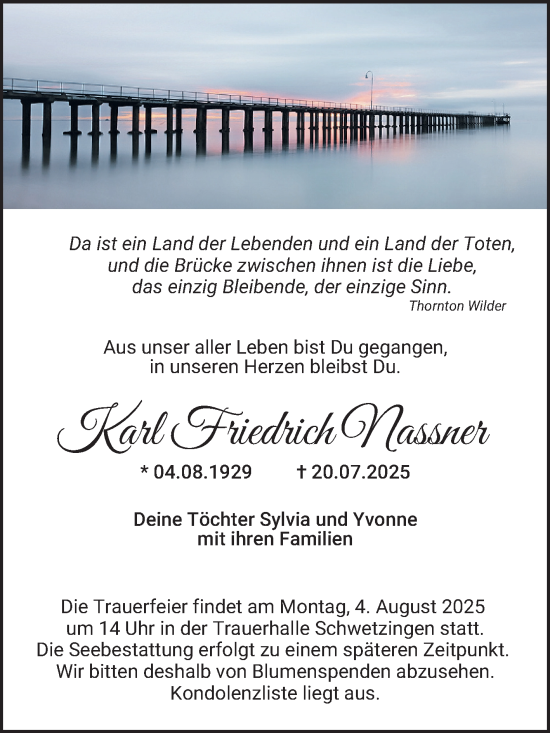 Traueranzeige von Karl Friedrich Nassner von Schwetzinger Zeitung
