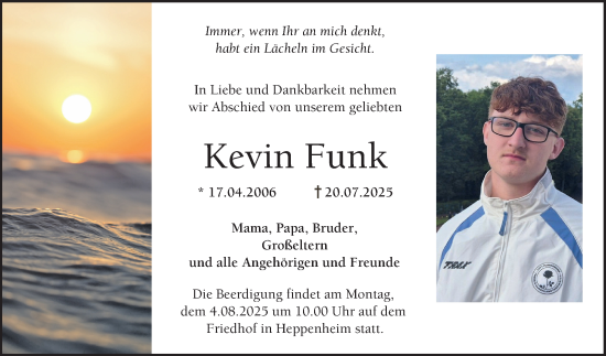 Traueranzeige von Kevin Funk von Bergsträßer Anzeiger