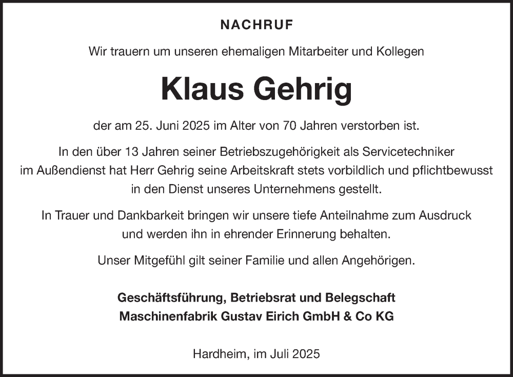  Traueranzeige für Klaus Gehrig vom 05.07.2025 aus Fränkische Nachrichten