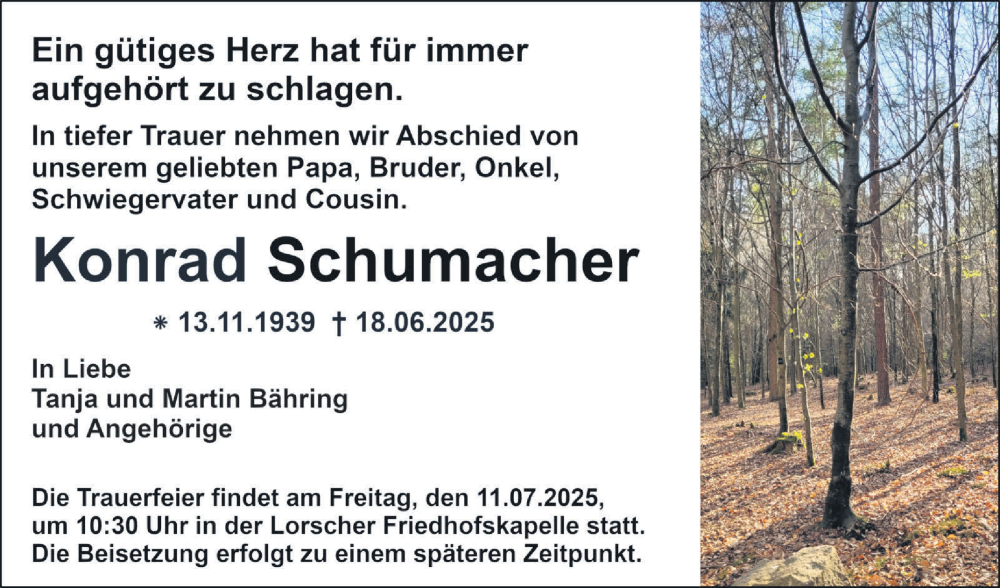  Traueranzeige für Konrad Schumacher vom 05.07.2025 aus Bergsträßer Anzeiger