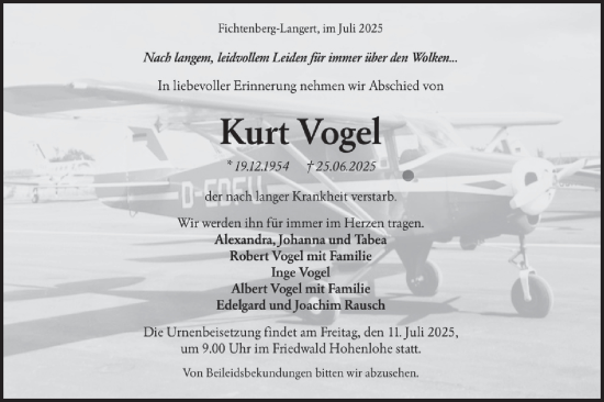 Traueranzeige von Kurt Vogel von Fränkische Nachrichten