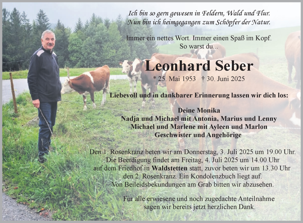  Traueranzeige für Leonhard Seber vom 03.07.2025 aus Fränkische Nachrichten