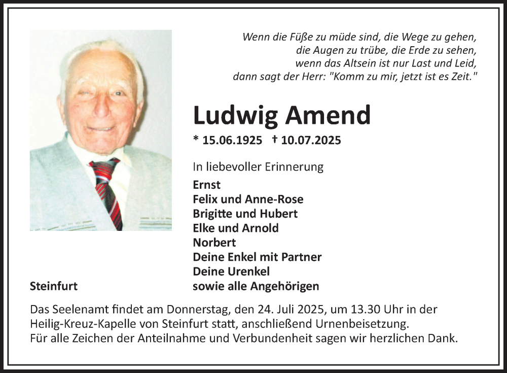  Traueranzeige für Ludwig Amend vom 19.07.2025 aus Fränkische Nachrichten