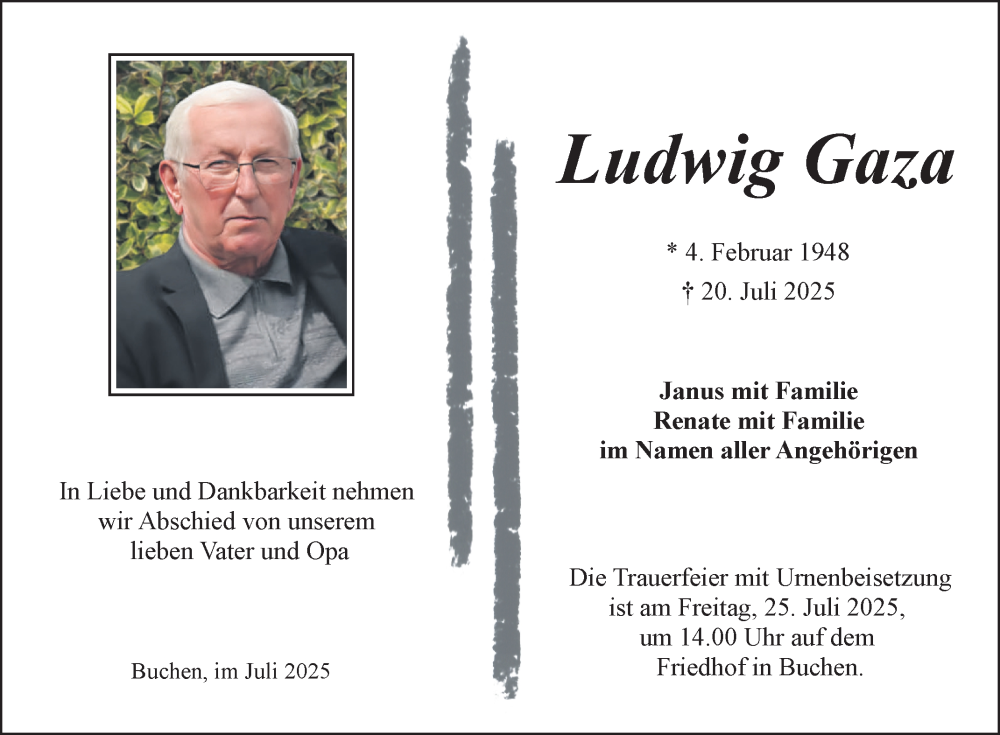  Traueranzeige für Ludwig Gaza vom 23.07.2025 aus Fränkische Nachrichten