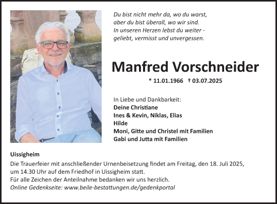 Traueranzeige von Manfred Vorschneider von Fränkische Nachrichten