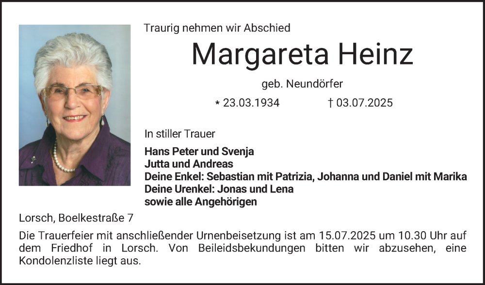  Traueranzeige für Margareta Heinz vom 12.07.2025 aus Bergsträßer Anzeiger
