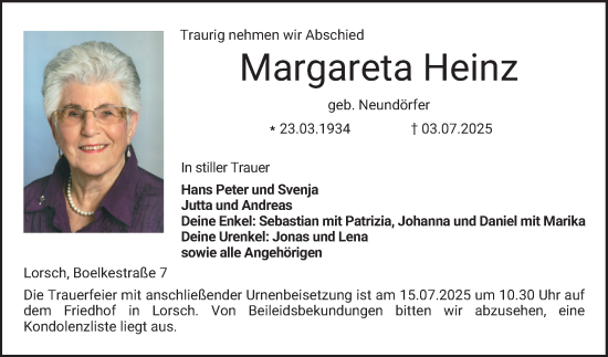 Traueranzeige von Margareta Heinz von Bergsträßer Anzeiger