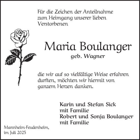 Traueranzeige von Maria Boulanger von Mannheimer Morgen