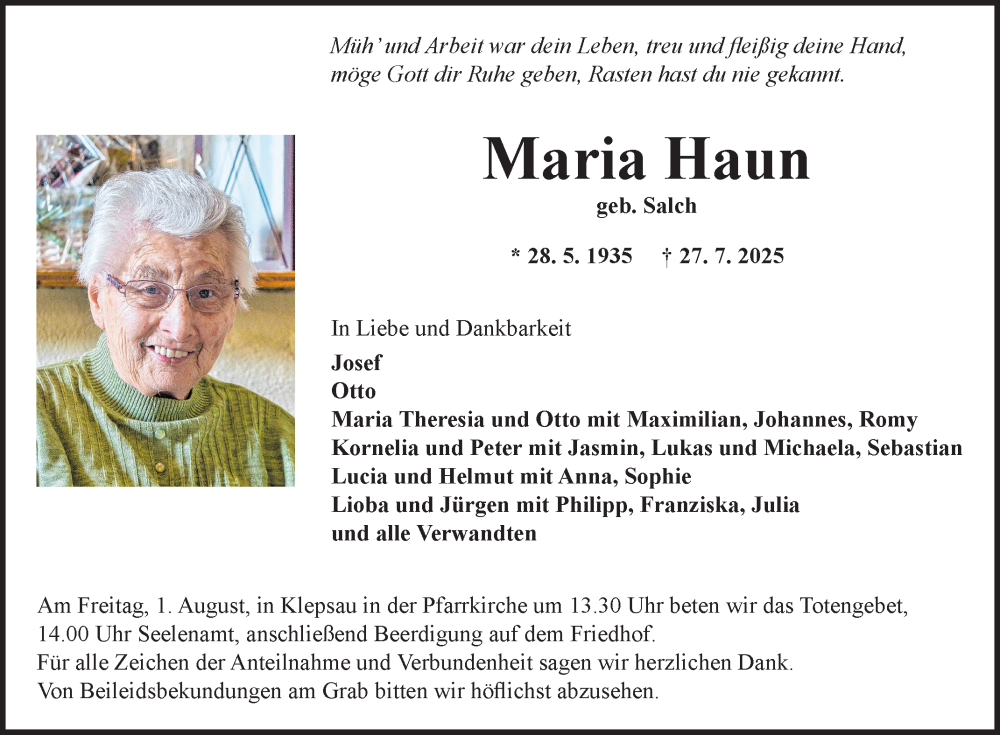 Traueranzeige für Maria Haun vom 30.07.2025 aus Fränkische Nachrichten
