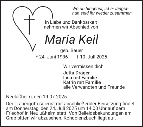 Traueranzeige von Maria Keil von Schwetzinger Zeitung