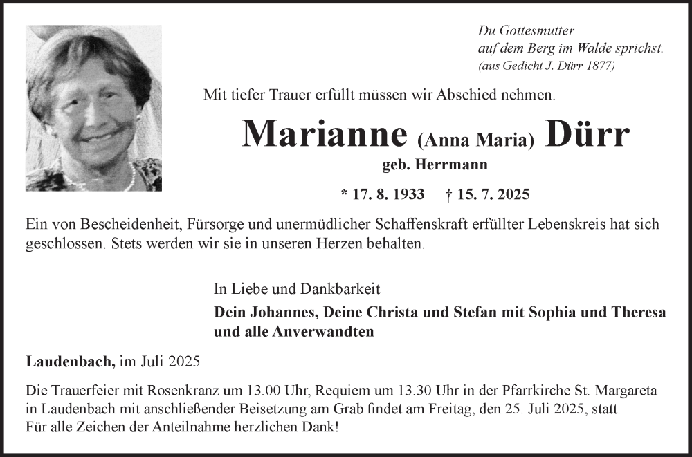  Traueranzeige für Marianne Dürr vom 19.07.2025 aus Fränkische Nachrichten