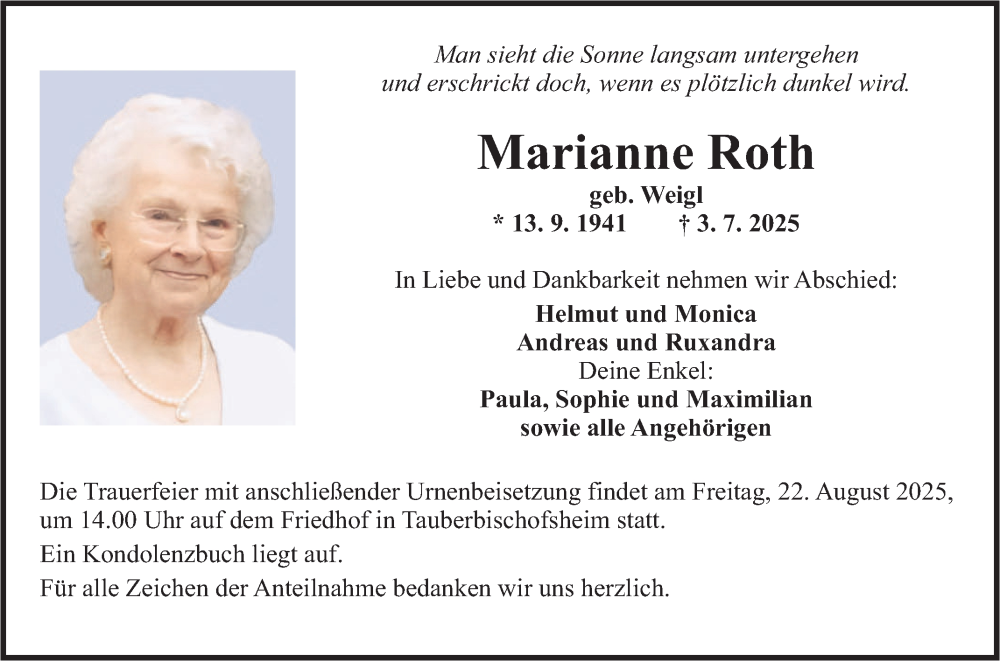  Traueranzeige für Marianne Roth vom 09.07.2025 aus Fränkische Nachrichten