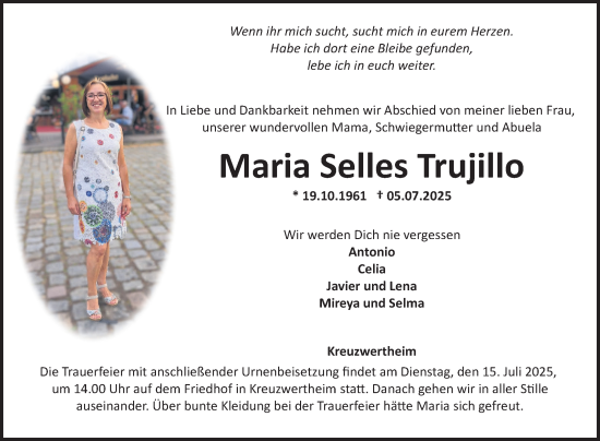 Traueranzeige von Maria Selles  Trujillo von Fränkische Nachrichten