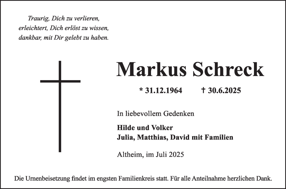  Traueranzeige für Markus Schreck vom 05.07.2025 aus Fränkische Nachrichten