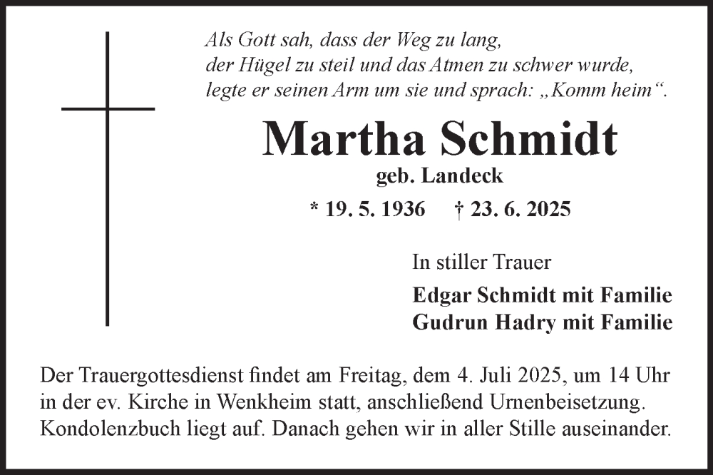  Traueranzeige für Martha Schmidt vom 02.07.2025 aus Fränkische Nachrichten