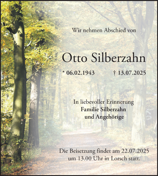 Traueranzeige von Otto Silberzahn von Bergsträßer Anzeiger