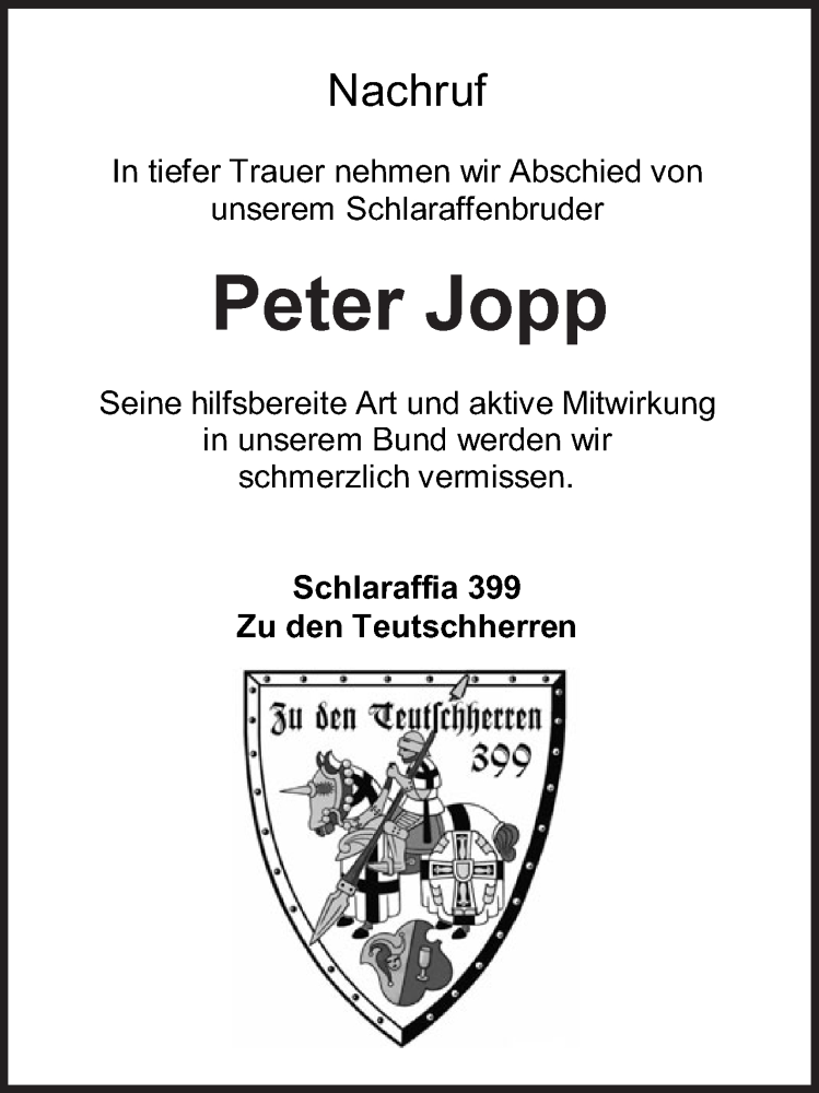  Traueranzeige für Peter Jopp vom 26.07.2025 aus Fränkische Nachrichten